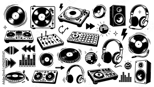 Hand drawn doodle mega set of DJ and electronic music elements, playful high-energy sketchy ink pen symbols with bold black outlines, expressive vector collection, isolated on white background