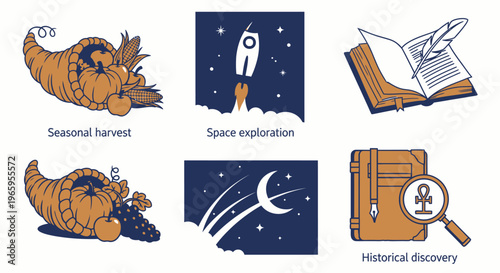 Graphic illustrations of harvest space exploration knowledge and history