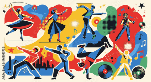 Dynamic graphic art of diverse dancers in motion with vibrant, abstract backgrounds