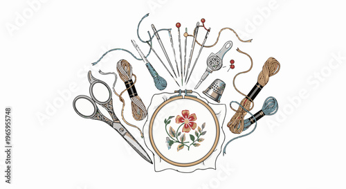 Embroidery tools, thread, scissors, thimble, and needlework display flower