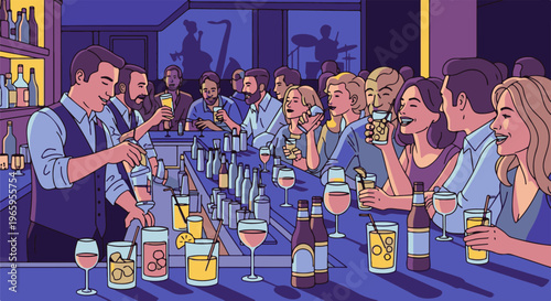 Lively bar scene with patrons enjoying drinks and conversation amidst a jazz trio