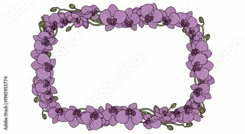 Delicate purple orchid flower garland forming an elegant oval frame