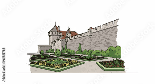 Medieval castle with manicured gardens and stone wall