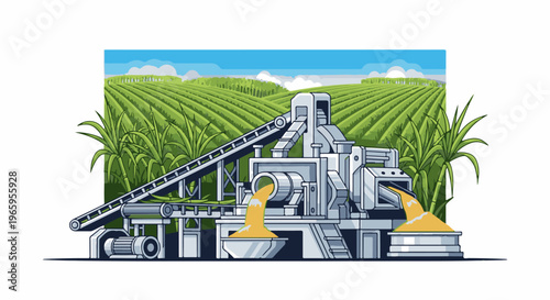 Industrial processing of sugarcane in a vast green field under a blue sky