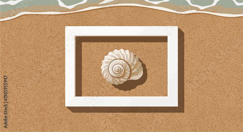 Flat lay of a seashell within a white frame on a sandy beach next to ocean