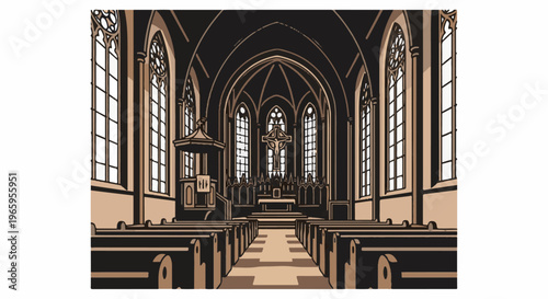 Interior of a Gothic-style church with pews, altar, and tall stained-glass windows