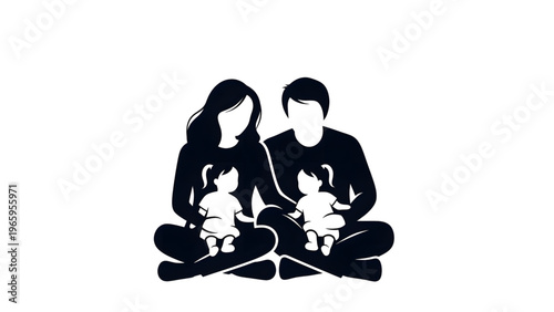 Black silhouette of a family with two babies sitting cross-legged