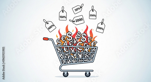 Shopping cart on fire with rising prices and dollar signs symbolizing inflation and financial stress