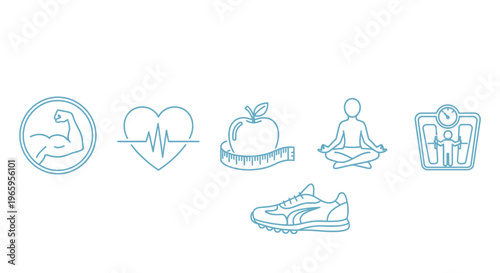 Health and wellness icons on white fitness nutrition and balance