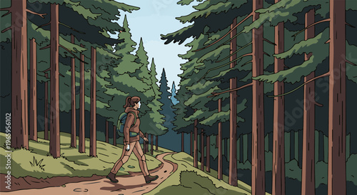 Hiker with backpack walks on a winding dirt path through a dense forest