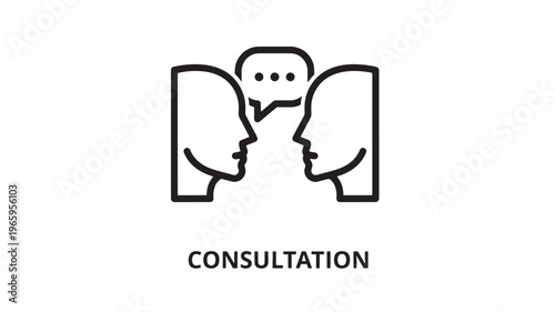 Minimalist black and white line art depicting a consultation or business meeting between two professionals. Ideal for business, healthcare, coaching, and wellness marketing materials.