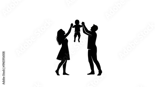 Silhouette of happy family with parents lifting baby up