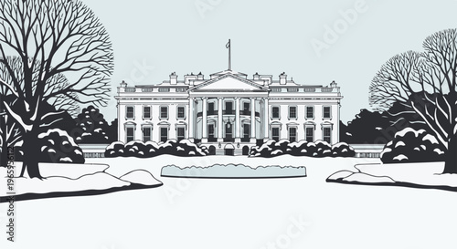 Iconic white building with columns and flag, surrounded by snow-dusted trees