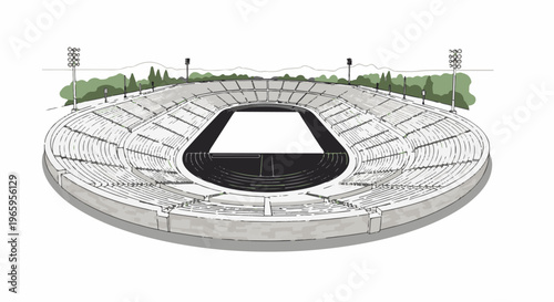 Hand-drawn stadium with track, seats, lights, and surrounding greenery