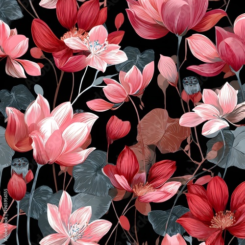 A vibrant floral pattern featuring pink flowers on a black background