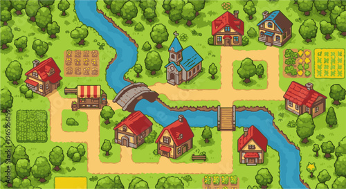 Idyllic pixel art village with a river, homes, church, and farms
