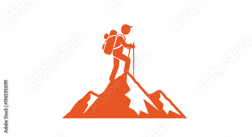 Hiker ascending mountain peak silhouette orange color white background