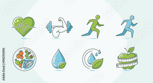 Health and wellness icons representing exercise nutrition and well being