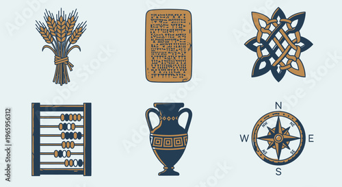 Historical graphic elements wheat tablet ornament abacus vase and compass