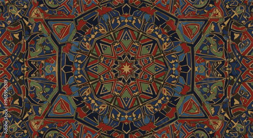 Intricate geometric mosaic pattern with starburst and floral motifs in deep blue