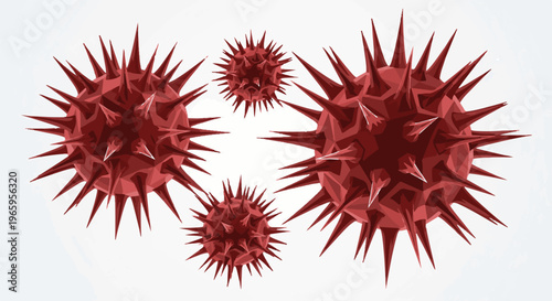 Four menacing red spiked spherical virus particles on a white background