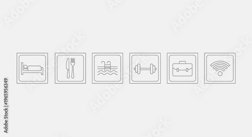 Hotel and service icons set on white background for travel and accommodation