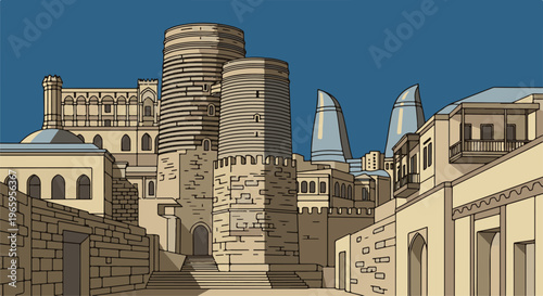 Distinctive towers and buildings against a clear blue sky, showing architectural contrast