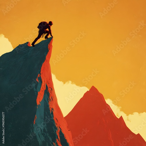 A person climbing to the top of a mountain at sunset