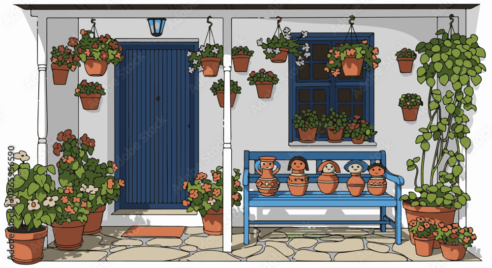 Fototapeta premium Decorated doorway with potted plants, blue bench, and earthenware figures