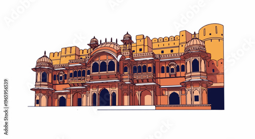 Ornate fortress with towers and arched windows against a stark white background