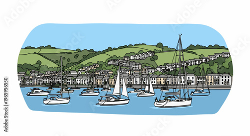 Colorful cartoon of a harbor town with sailboats and lush green hills
