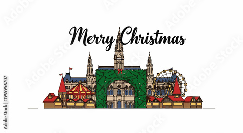 Christmas market with Ferris wheel and festive buildings