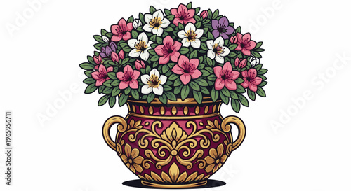 Ornate vase overflowing with vibrant pink, white, and purple flowers