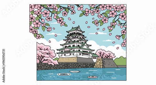 Castle surrounded by pink cherry blossoms with a moat and sky