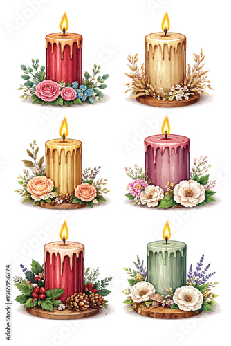 Collection of six drip candles with floral accents in various colors