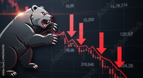 Bear market graph with red arrows indicating stock decline and a growling bear