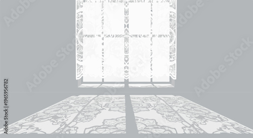 Ornate white lace curtains cast patterned shadows on a carpeted floor