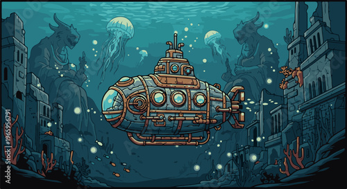 Pixel art submarine explores ancient underwater ruins with jellyfish
