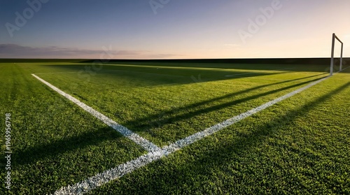 Football penalty area lines with dramatic lighting creating geometric sport background.