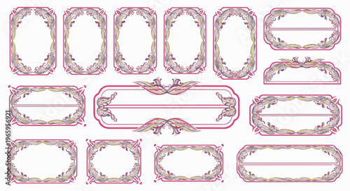 Ornate floral decorative frames and banners with pink borders