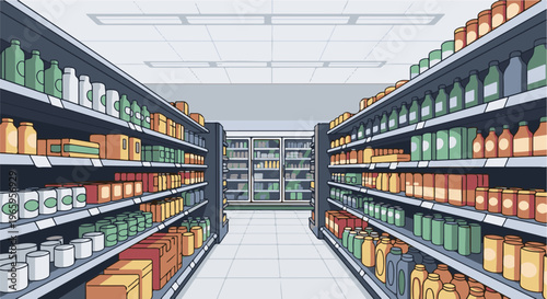 Pixel art perspective view of a brightly lit grocery store aisle with colorful shelves
