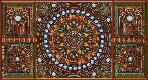 Ornate, geometric, circular, and square patterns in deep red, green, blue, and gold hues