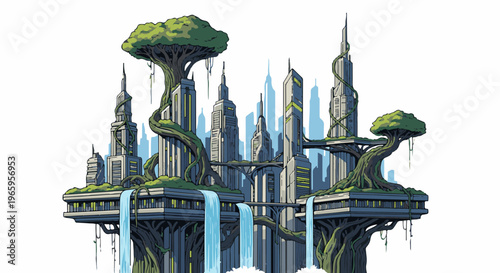 Pixel art of a futuristic city with integrated trees and waterfalls
