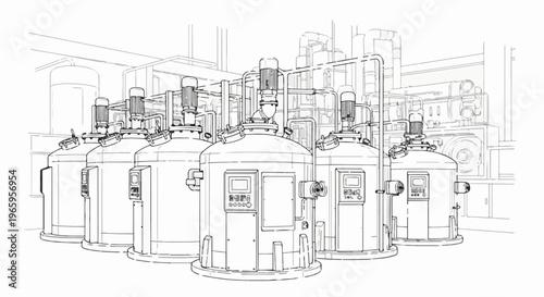 Industrial fermentation tanks with motors and control panels
