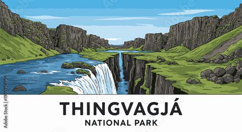 Pixel art of a dramatic canyon with a powerful waterfall and a winding blue river