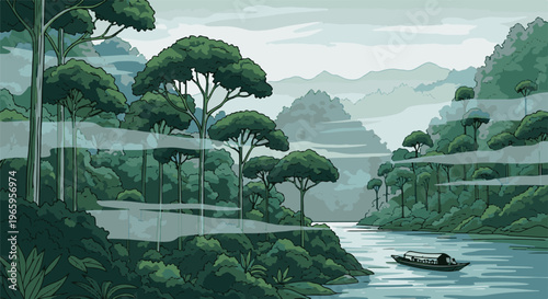 Pixel art of a dense, misty jungle with a river and a boat