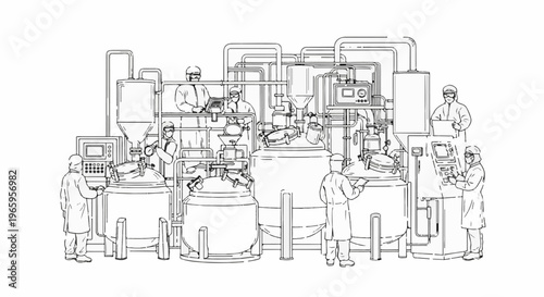Industrial production facility with workers in sterile suits operating machinery