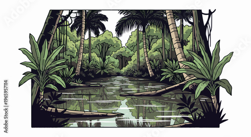 Lush jungle waterway with tall palms and dense foliage
