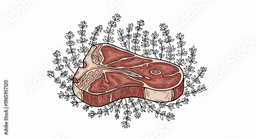 Raw t-bone steak with light gray leafy sprigs arranged around it
