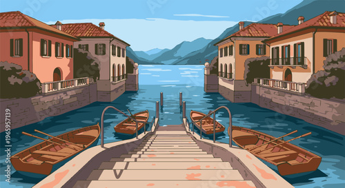 Pixel art canal with boats and buildings leading to a lake